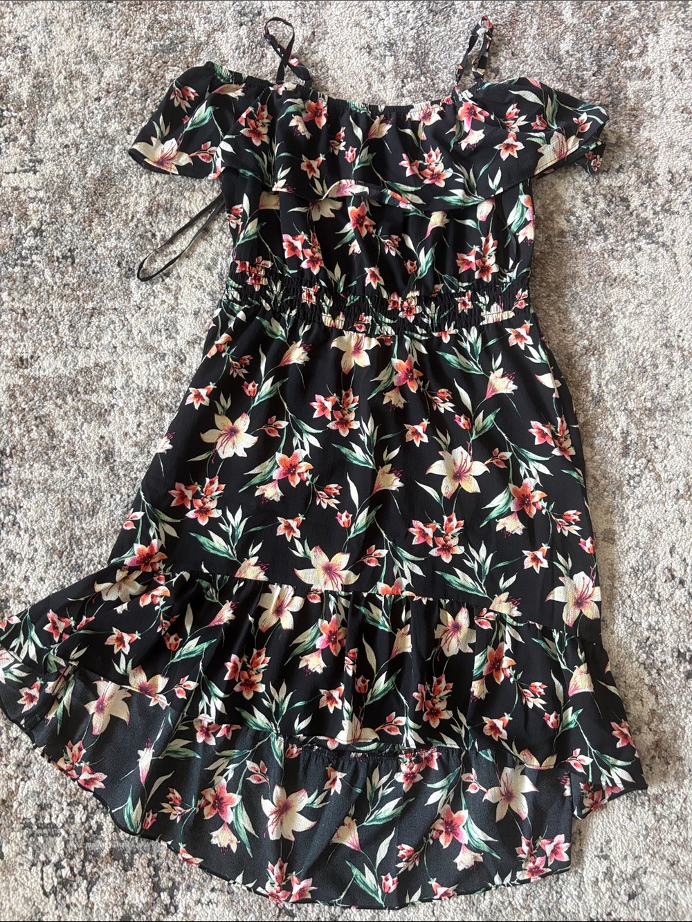 Iz Byer Black Floral Ruffle Midi Dress with Straps